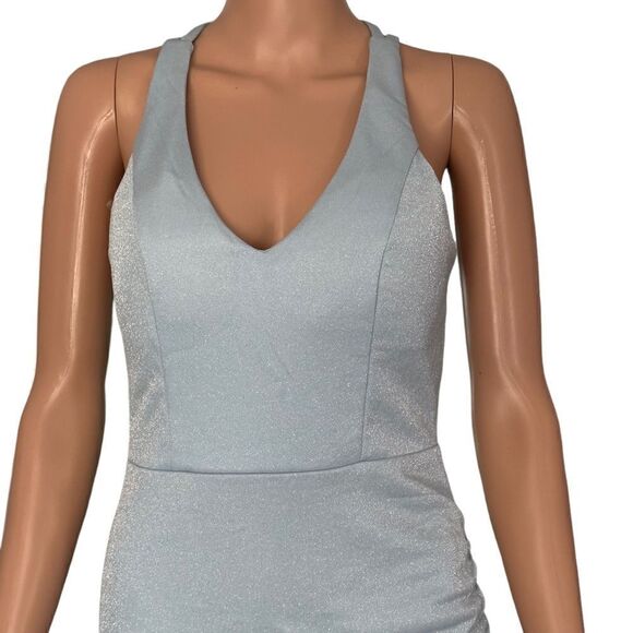 Crystal Doll Powder Blue Shimmery Side Ruched Bodycon Dress Size 9 - Picture 5 of 16